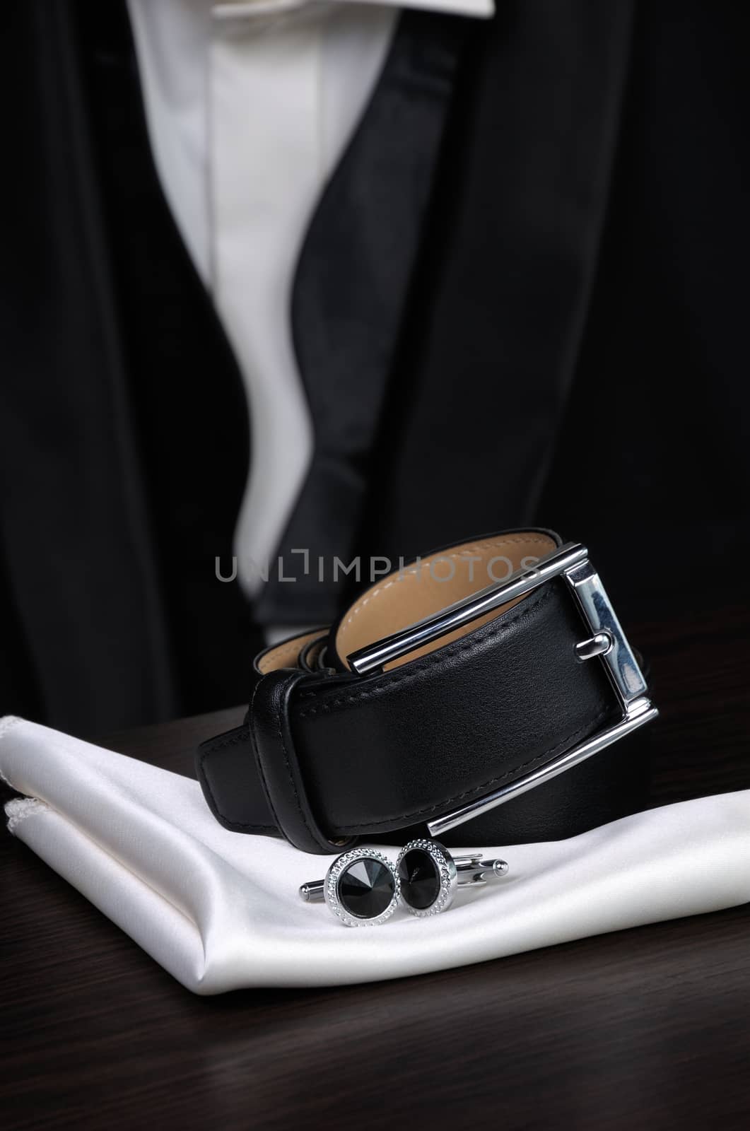Scarf, belt, cufflinks, tie butterfly necessary set of accessories for tuxedo