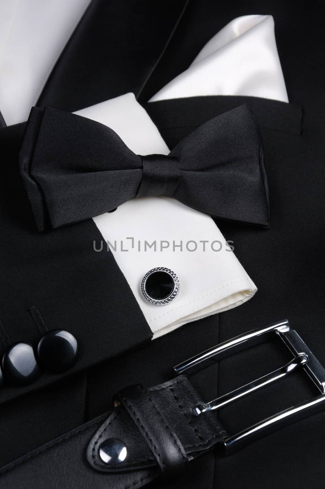 Scarf, belt, cufflinks, tie butterfly necessary set of accessories for tuxedo