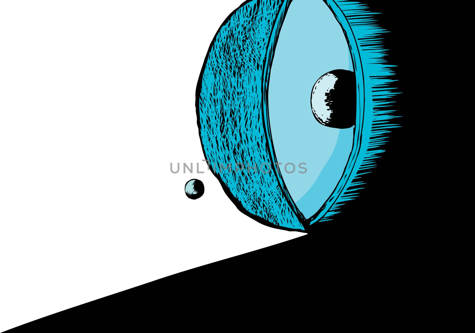 Cross section of glowing blue atom with shadow over white background