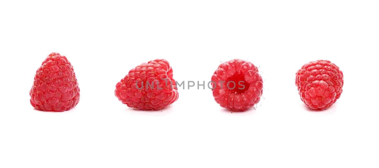 Four fresh red ripe mellow raspberry berries isolated on white background, detail close up in different perspectives, low angle view