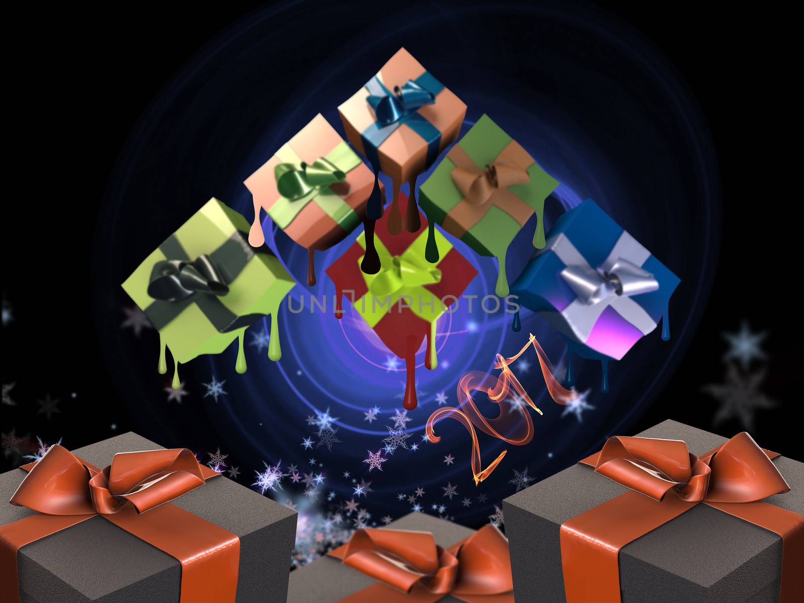 Colorful and striped boxes with gifts tied bows on black background. Happy new year 3d illustration by skrotov