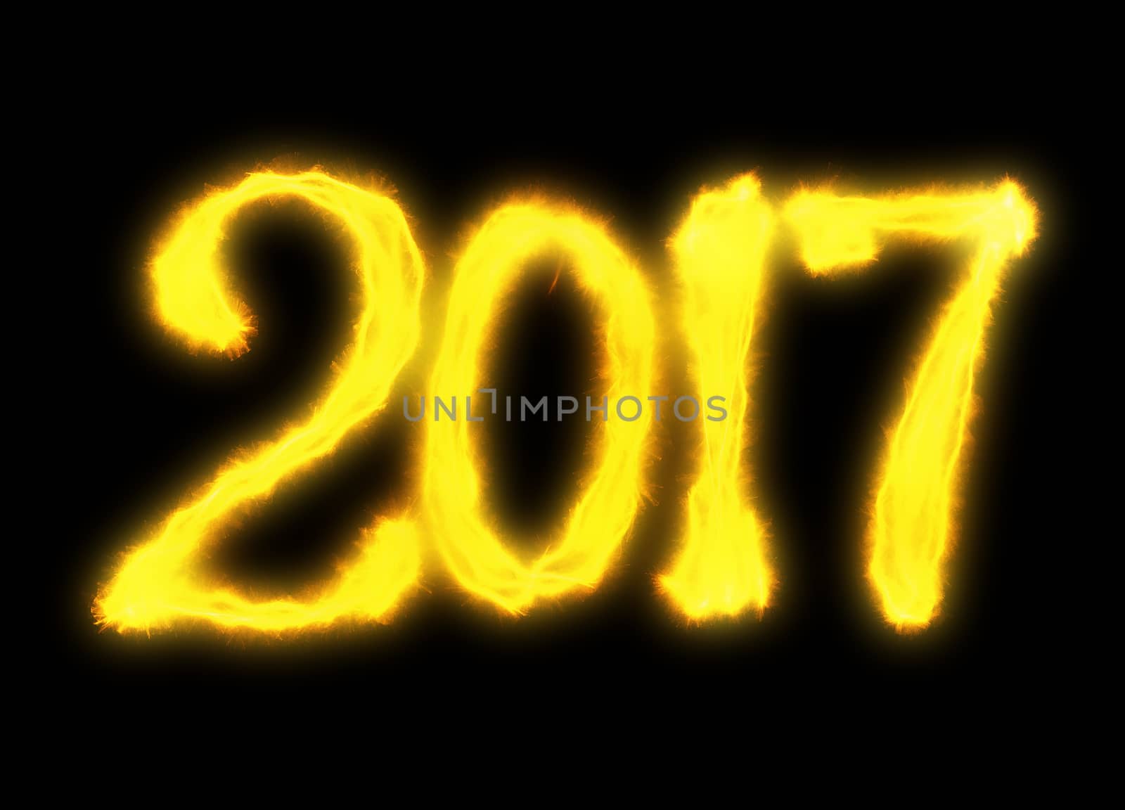 Happy new year 2017 isolated numbers lettering written with fire flame or smoke on black background.