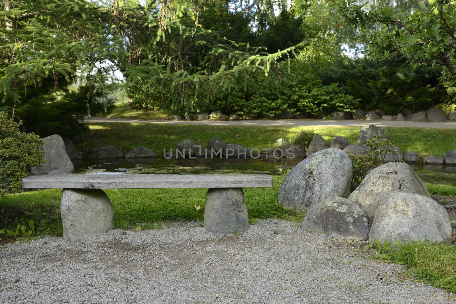 Japanese Garden with no people in Bergianska Botanical Garden. Bergianska Botanical Garden is a public garden located in Frescati next to Brunnsviken, at Norra Djurgården in Stockholm - Sweden.