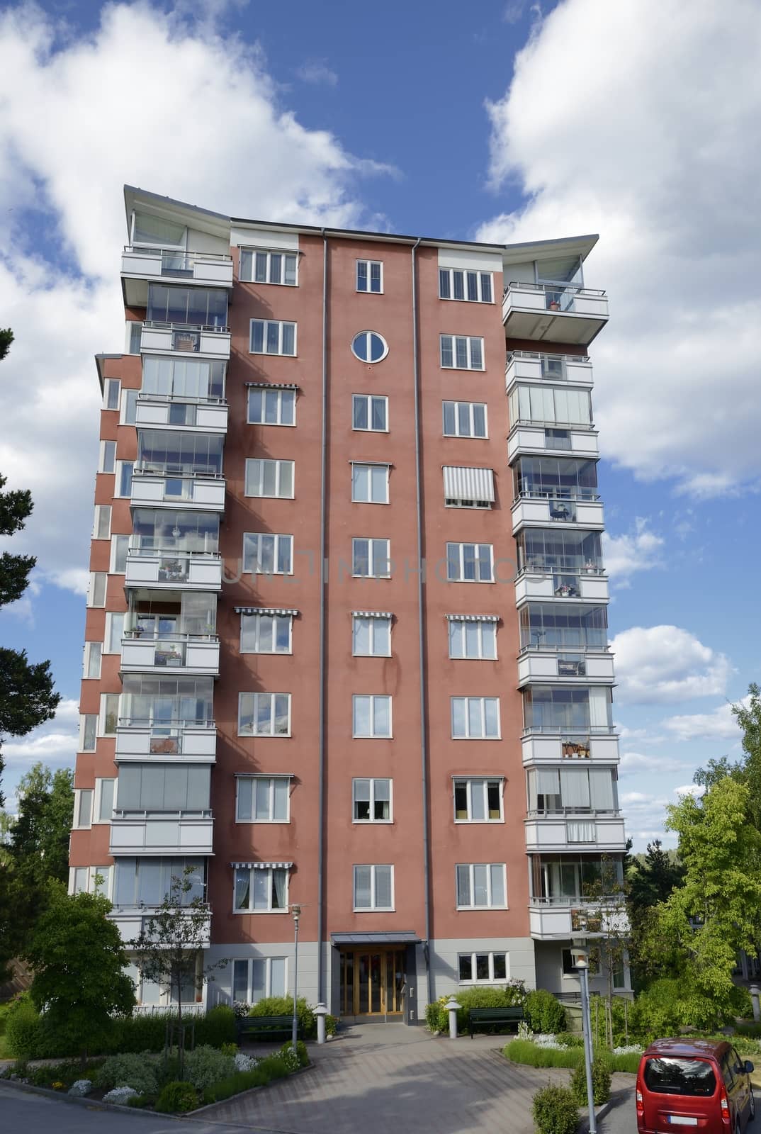 Swedish apartment Block in summer.