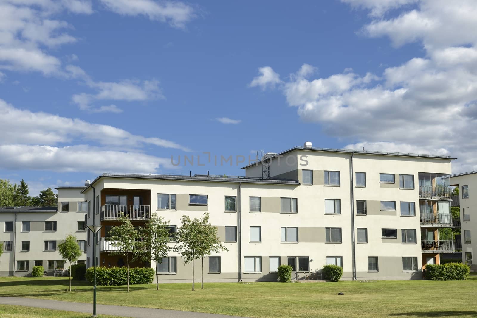Swedish apartment Block in summer.