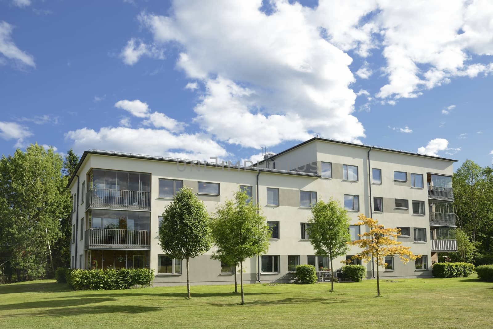 Swedish apartment Block in summer.