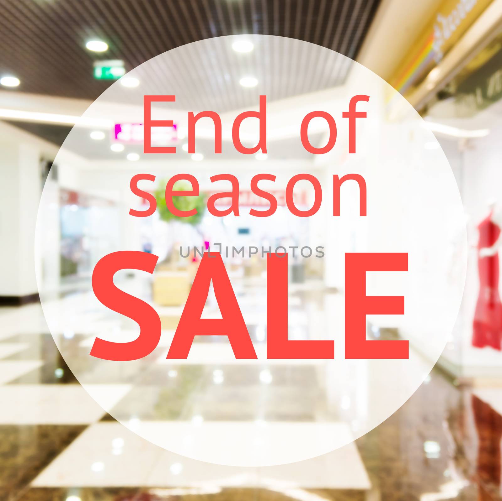 End of season sale sign over blurred store background. Design for shop and sale banners