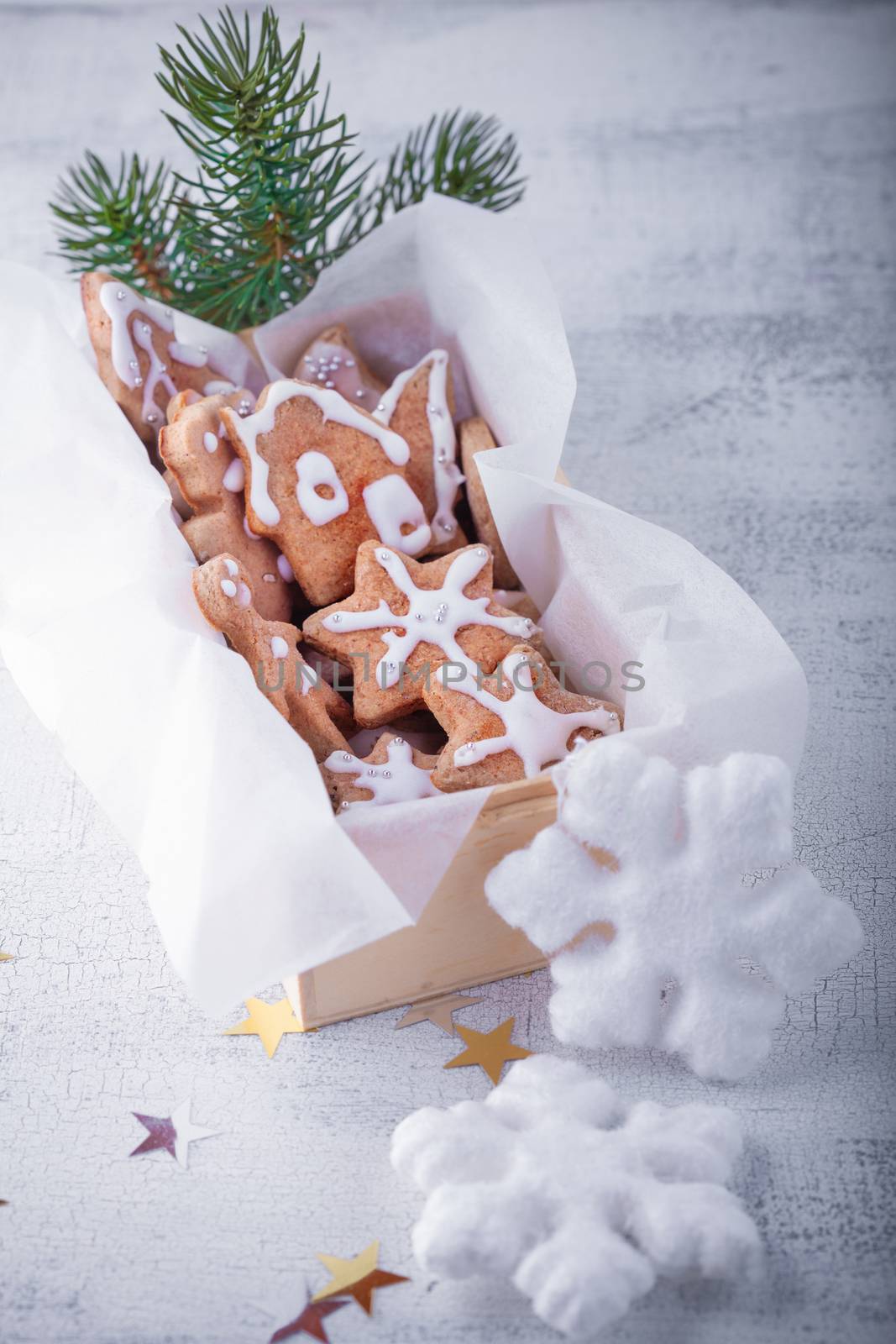 Christmas gingerbread with holiday decoration on a white background