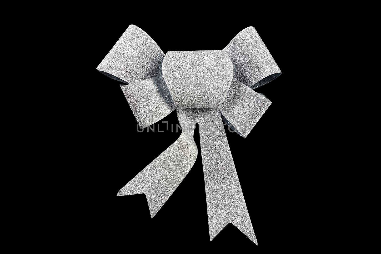 silver ribbon bow isolated on black background, studio shot