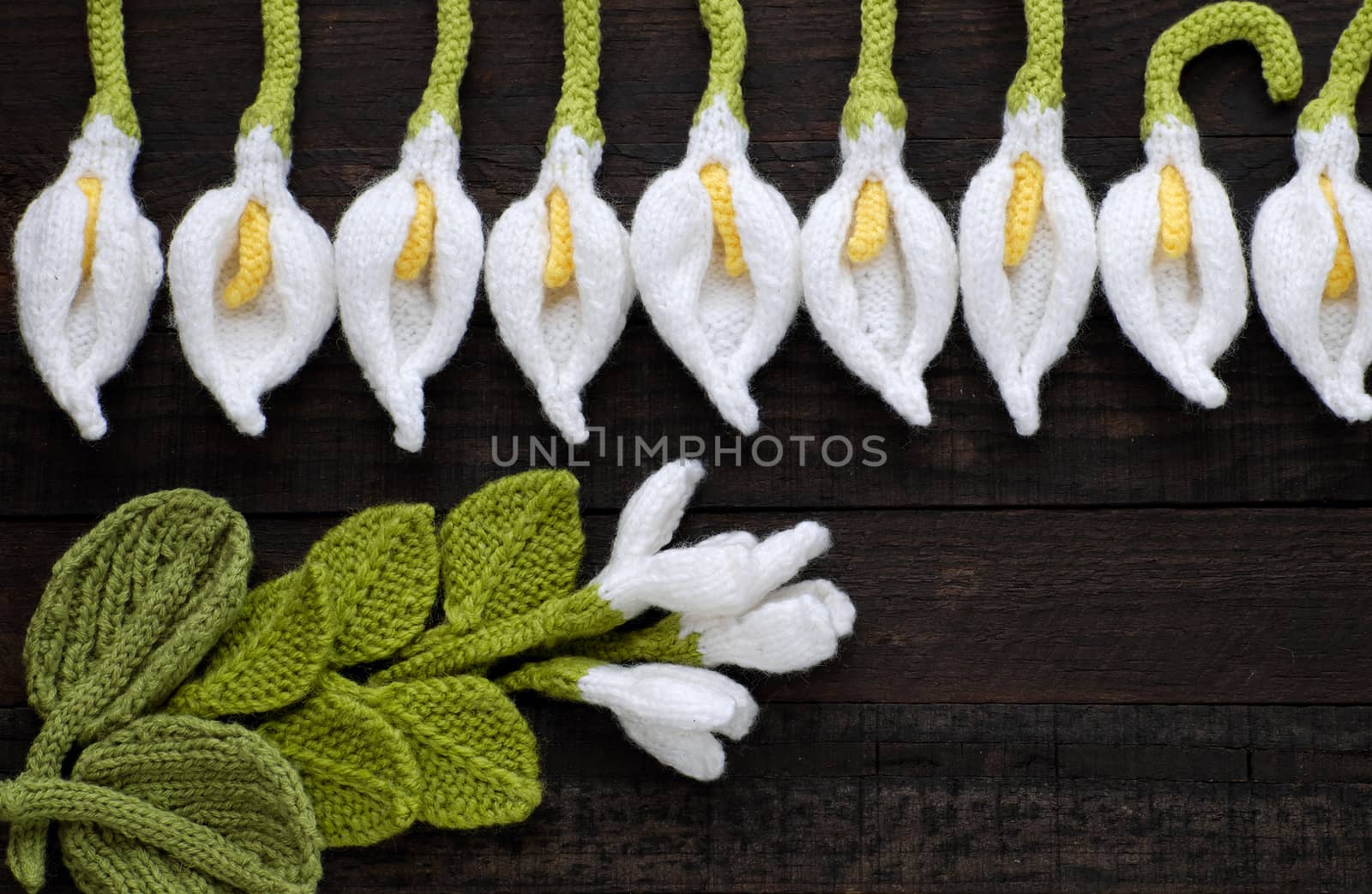  knitted green leaf and white flower background by xuanhuongho