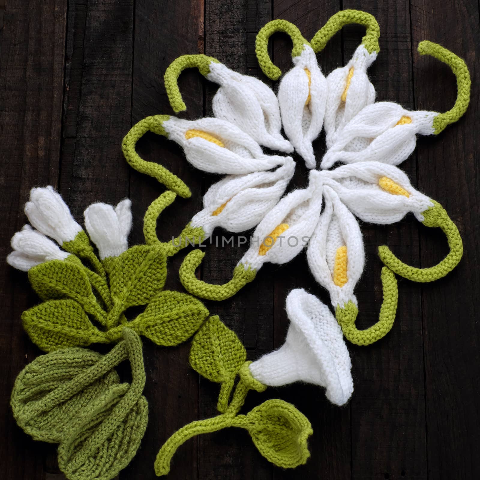  knitted green leaf and white flower background by xuanhuongho