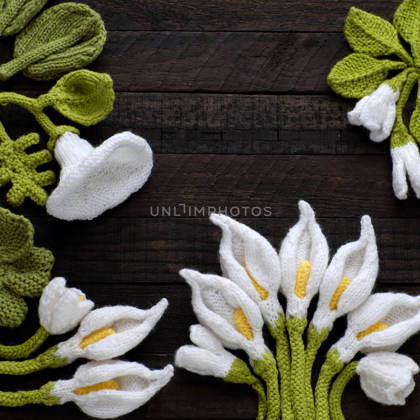  knitted green leaf and white flower background by xuanhuongho