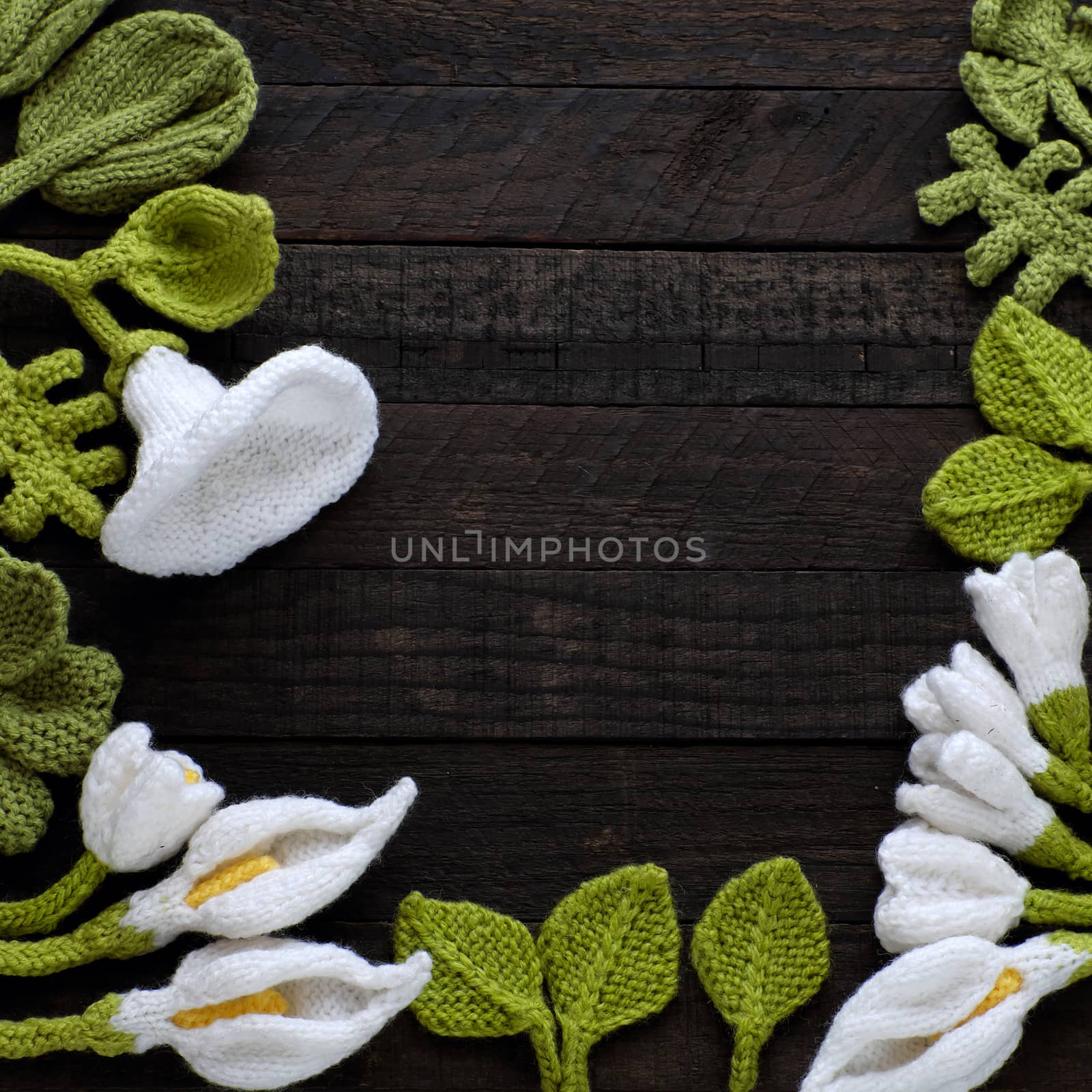  knitted green leaf and white flower background by xuanhuongho