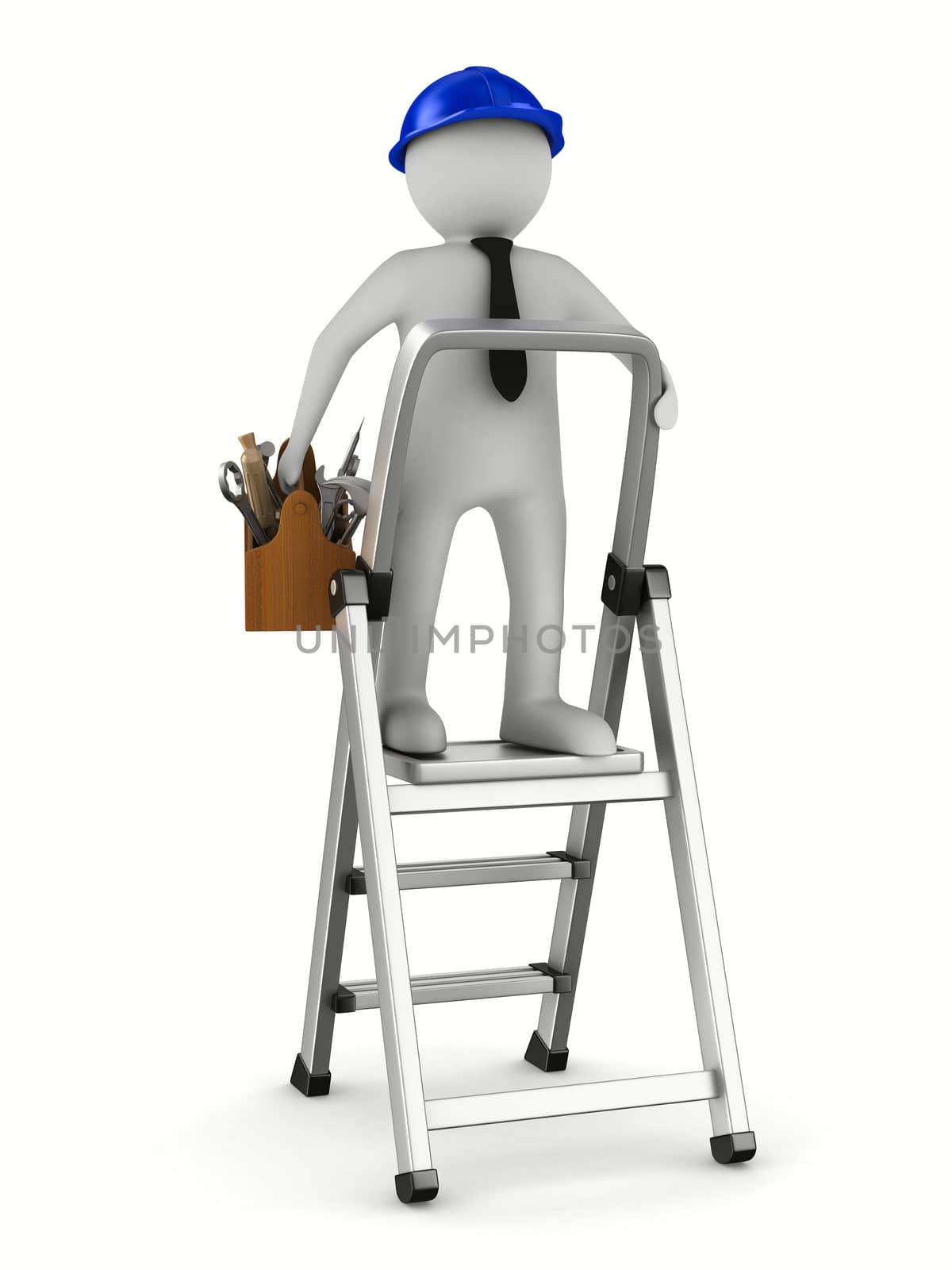 Man with wooden toolbox. Isolated 3D image by ISerg