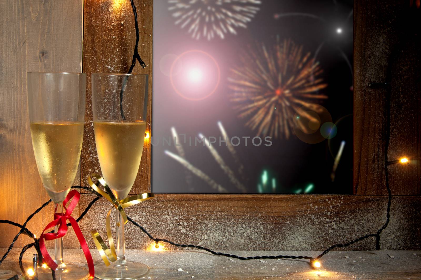 Champagne glasses next to a window with firework display 