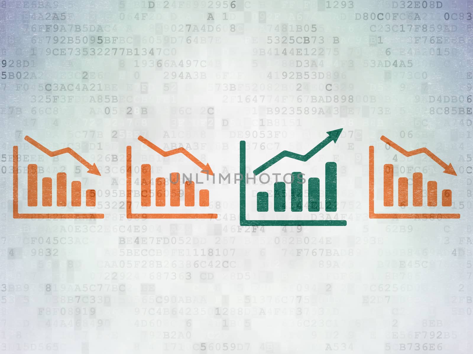 Business concept: row of Painted orange decline graph icons around green growth graph icon on Digital Data Paper background