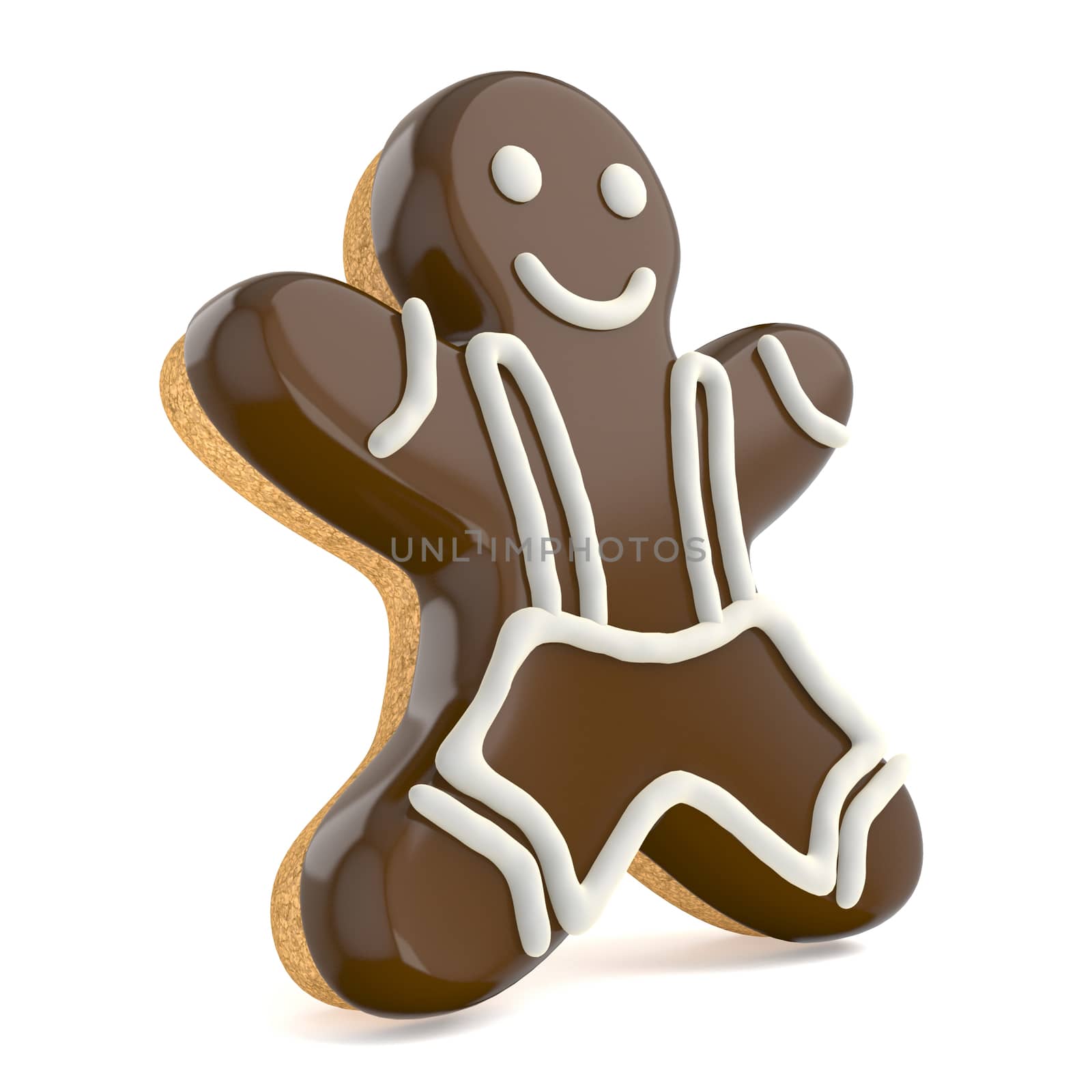 Chocolate Christmas gingerbread man decorated with white lines. 3D render illustration isolated on white background