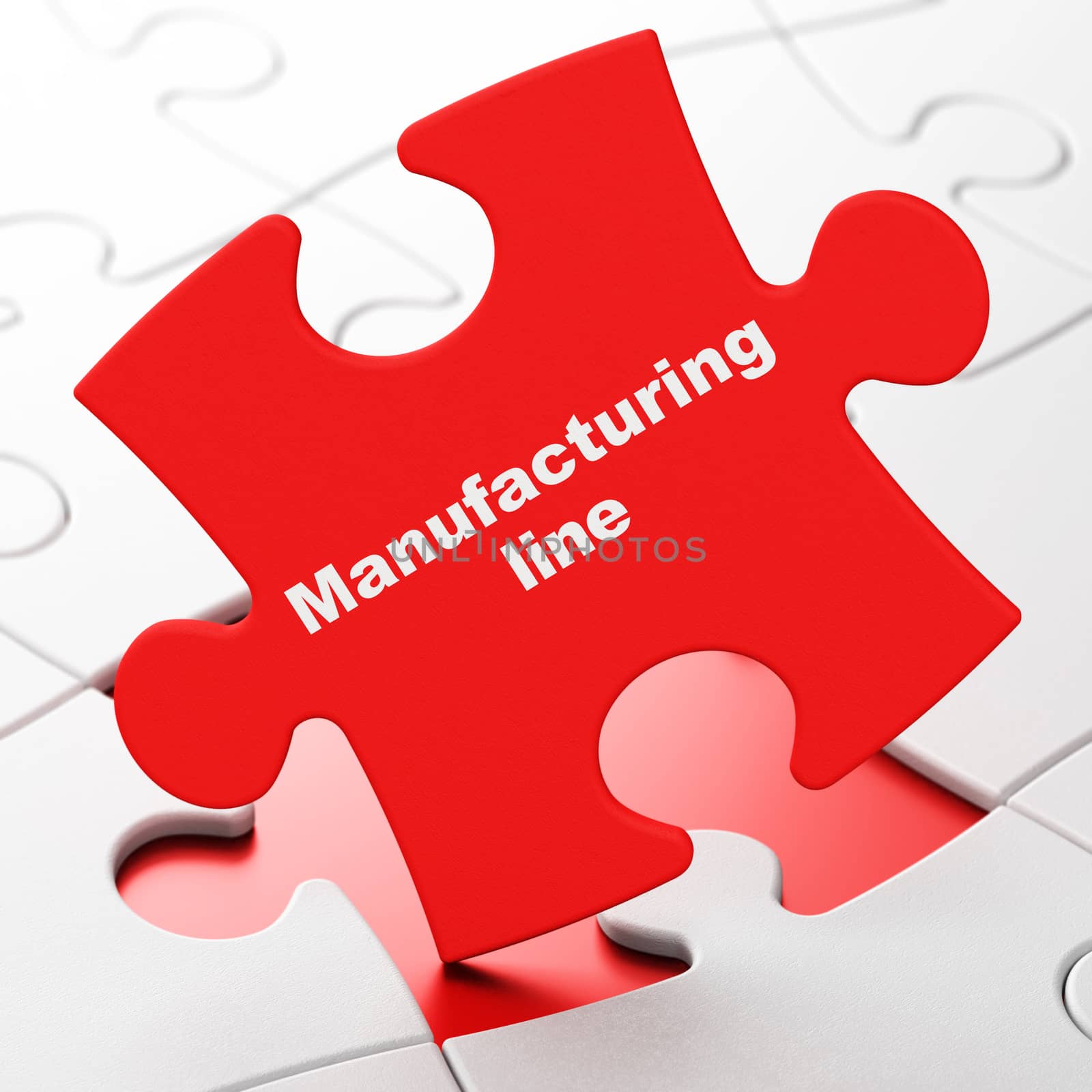 Manufacuring concept: Manufacturing Line on Red puzzle pieces background, 3D rendering