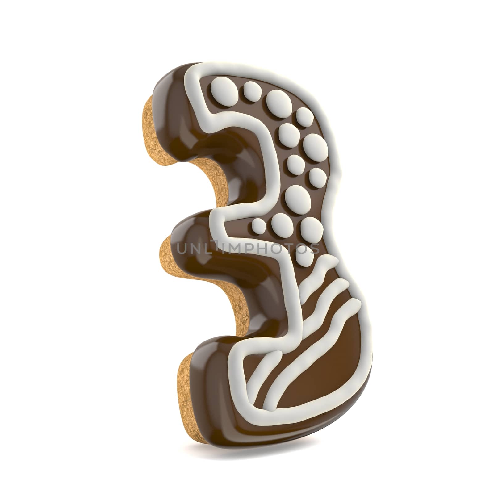 Number THREE 3 chocolate Christmas gingerbread font decorated with white lines and points. 3D render illustration isolated on white background