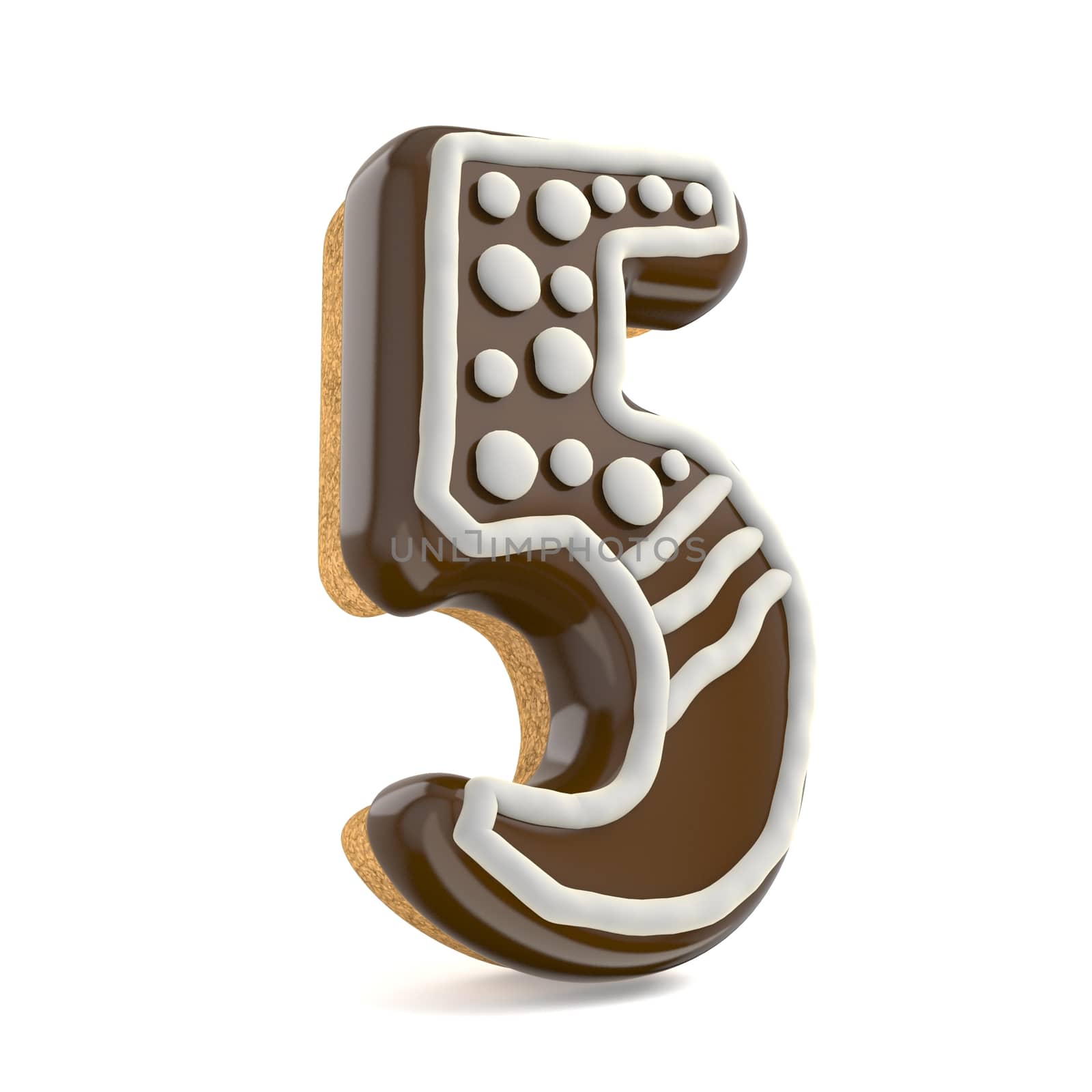 Number FIVE 5 chocolate Christmas gingerbread font decorated with white lines and points. 3D render illustration isolated on white background
