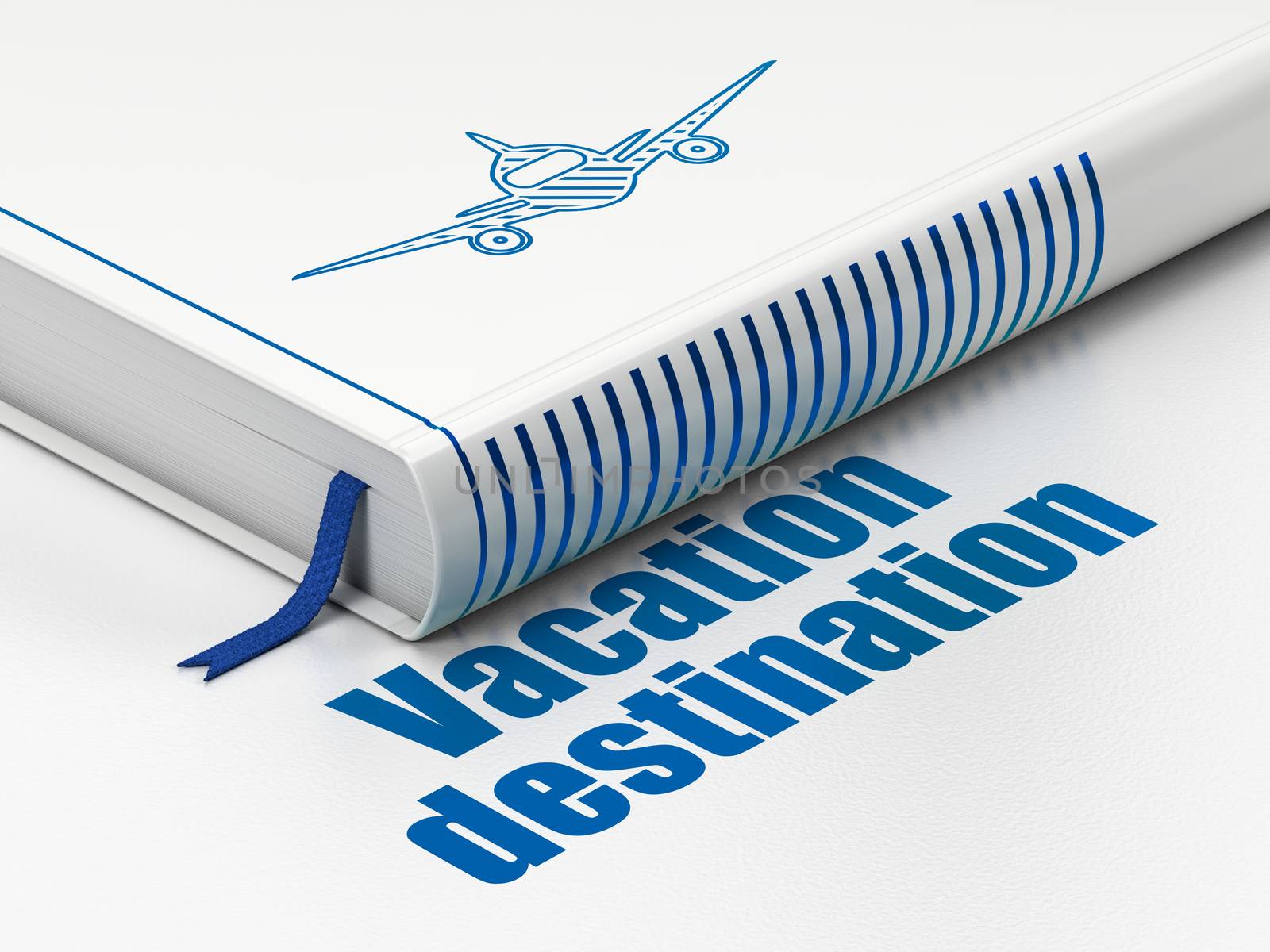 Vacation concept: closed book with Blue Aircraft icon and text Vacation Destination on floor, white background, 3D rendering