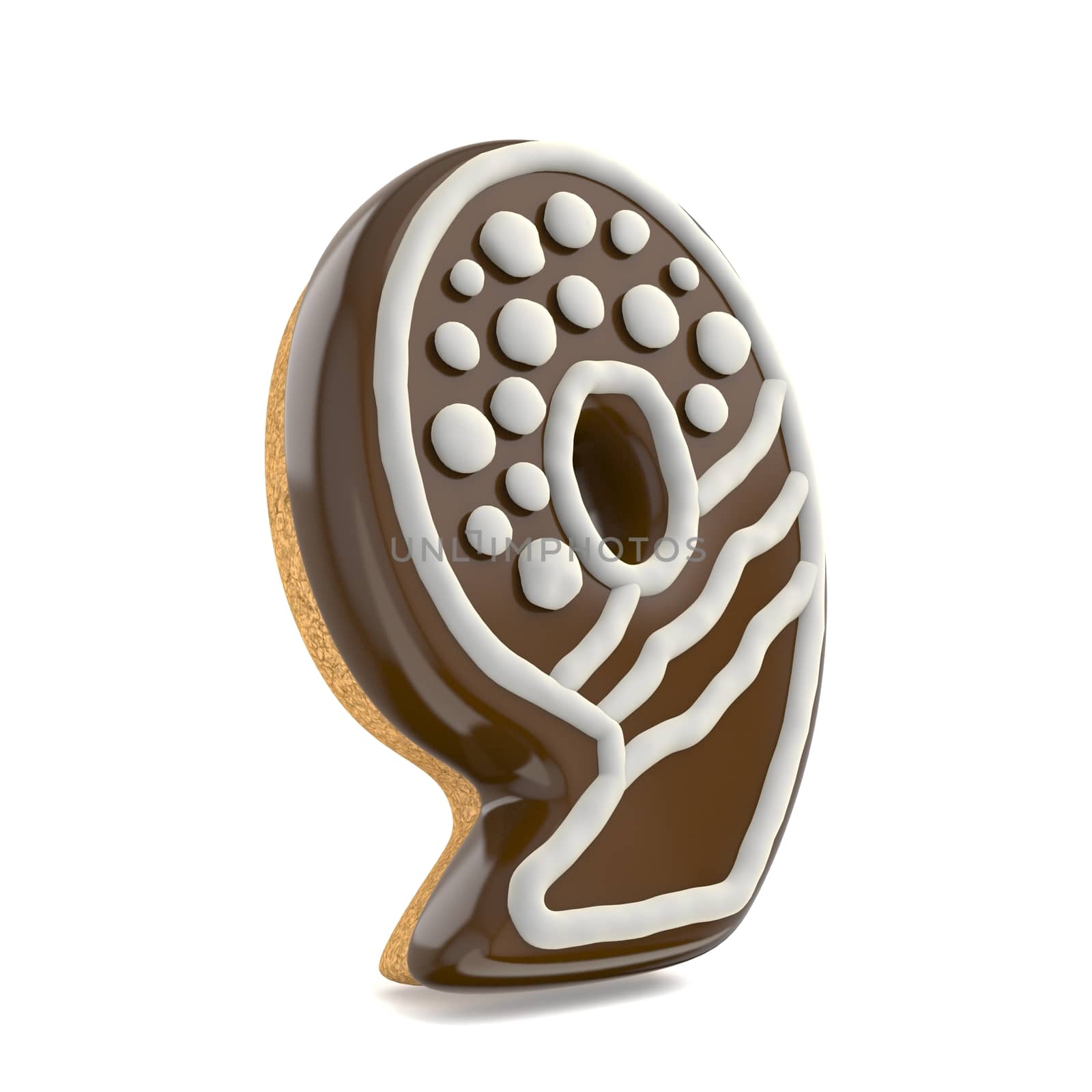 Number NINE 9 chocolate Christmas gingerbread font decorated with white lines and points. 3D render illustration isolated on white background