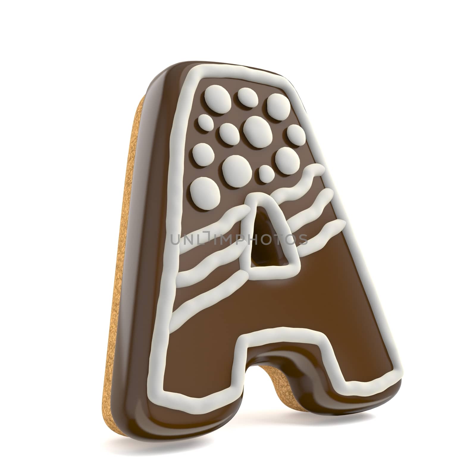 Letter A chocolate Christmas gingerbread font decorated with white lines and points. 3D render illustration isolated on white background