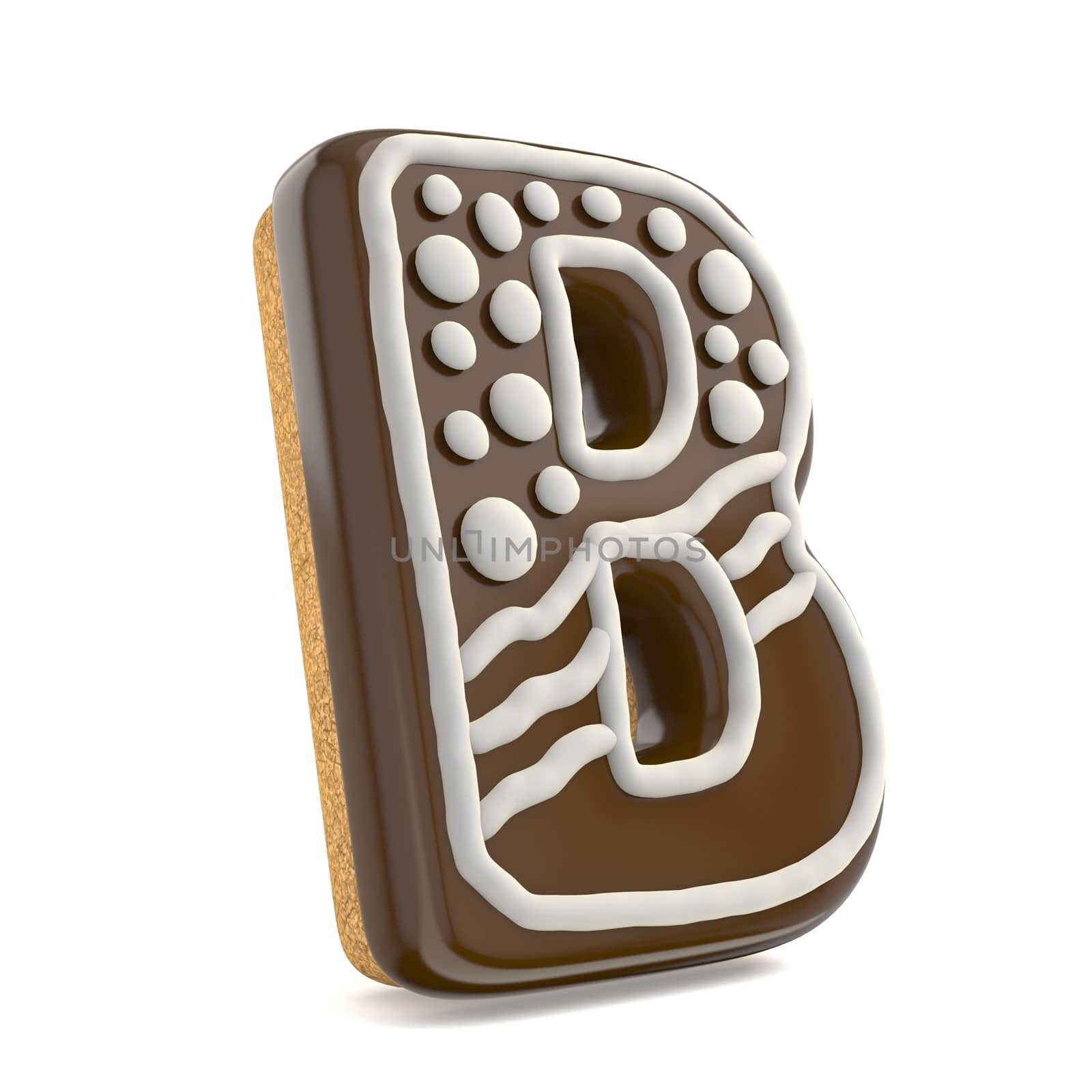 Letter B chocolate Christmas gingerbread font decorated with white lines and points. 3D render illustration isolated on white background