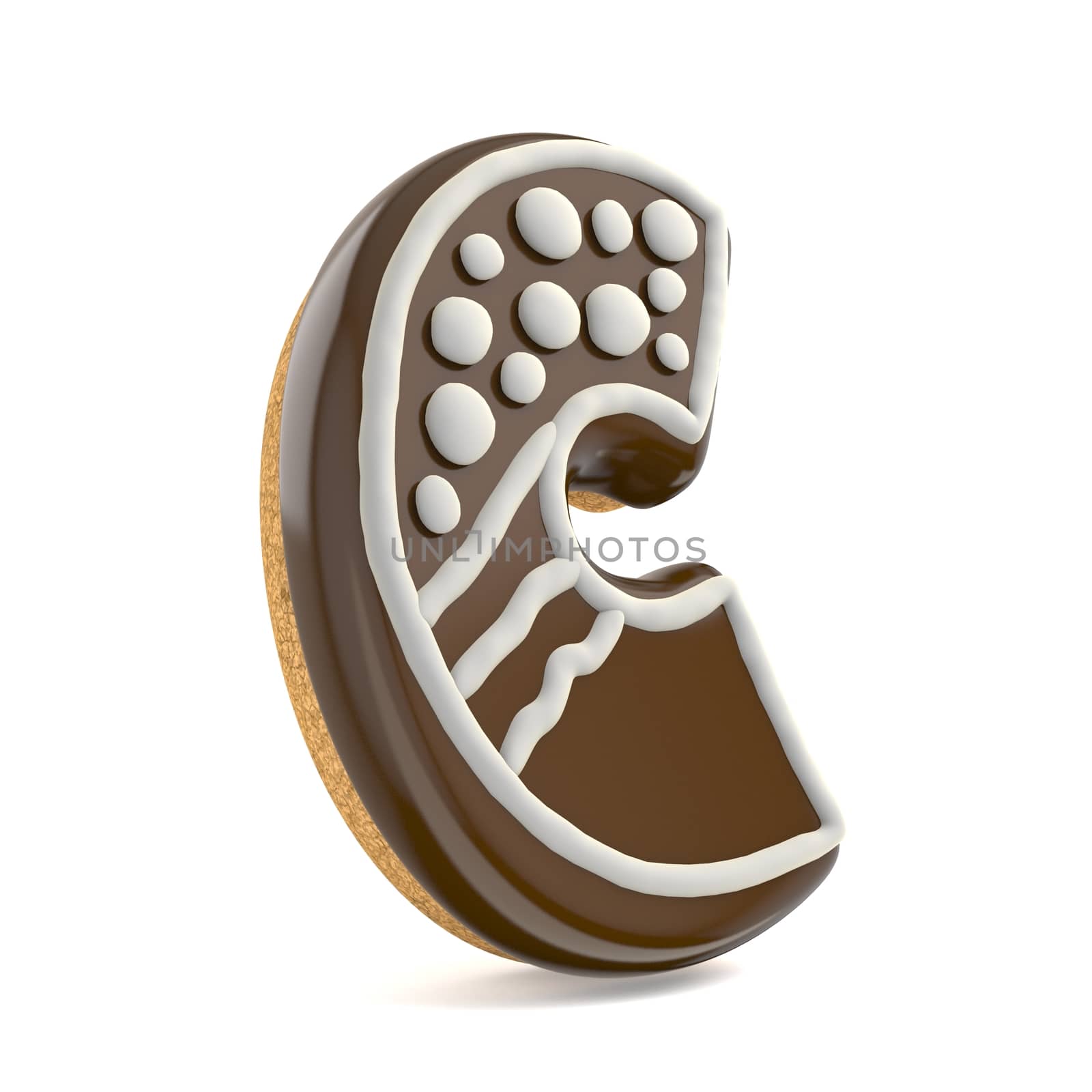 Letter C chocolate Christmas gingerbread font decorated with white lines and points. 3D render illustration isolated on white background