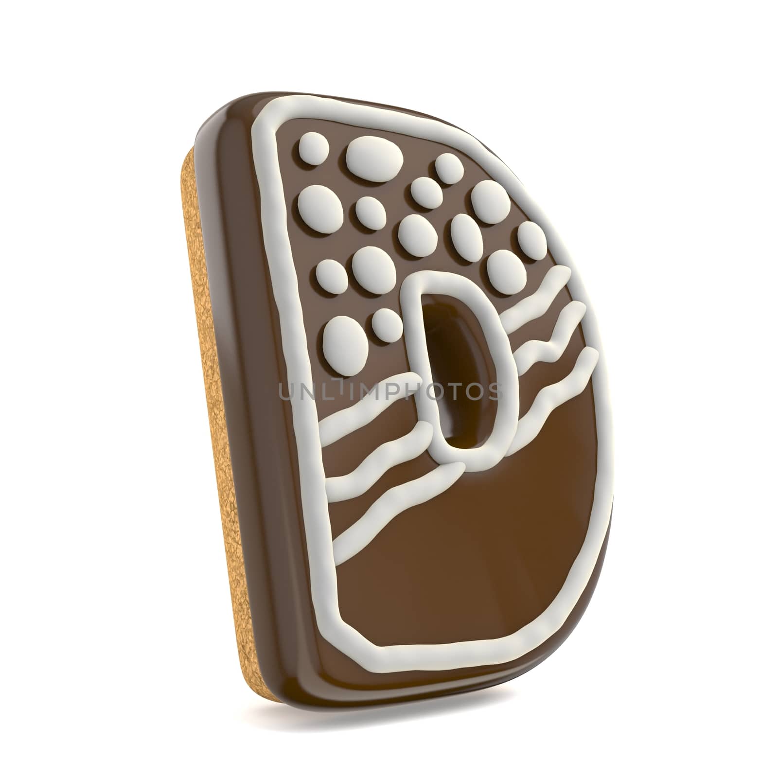 Letter D chocolate Christmas gingerbread font decorated with white lines and points. 3D render illustration isolated on white background