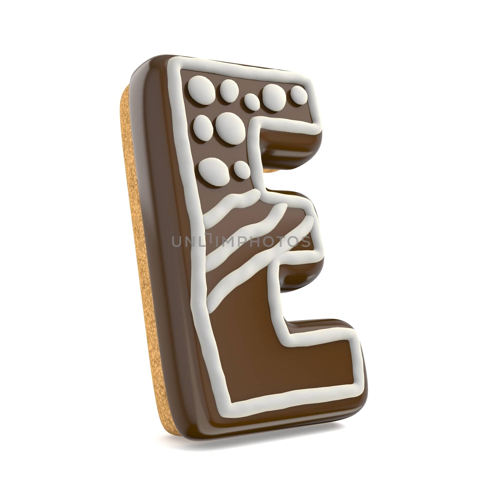 Letter E chocolate Christmas gingerbread font decorated with white lines and points. 3D render illustration isolated on white background