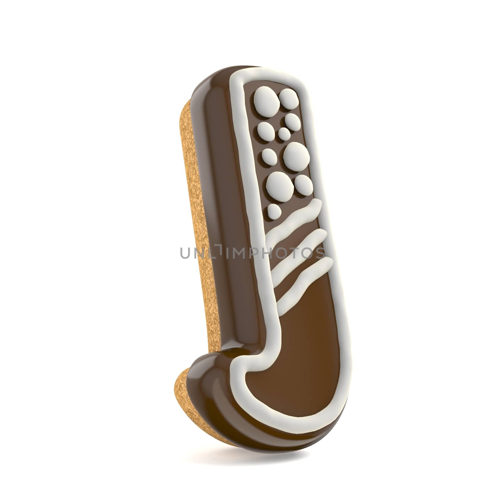 Letter J chocolate Christmas gingerbread font decorated with white lines and points. 3D render illustration isolated on white background