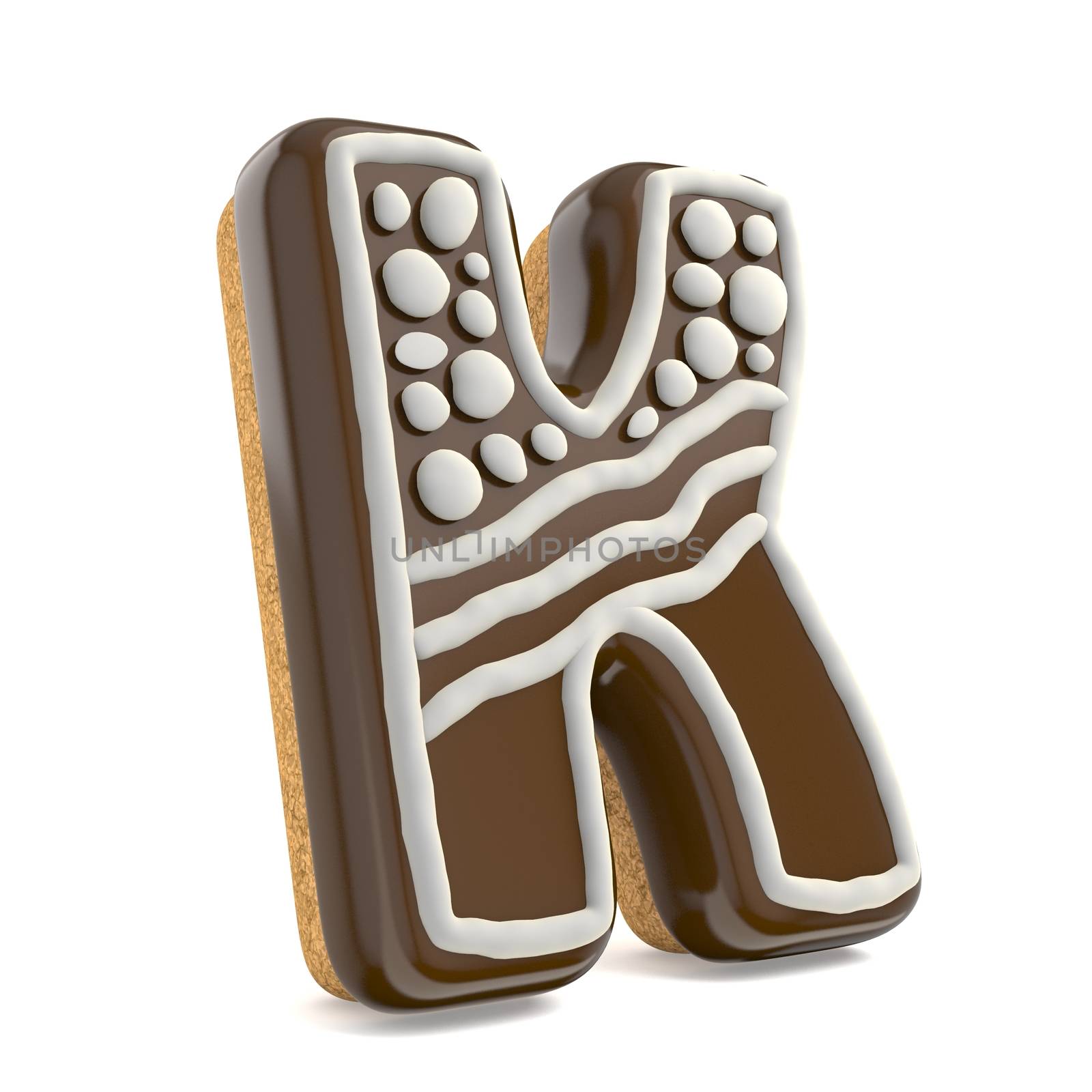 Letter K chocolate Christmas gingerbread font decorated with white lines and points. 3D render illustration isolated on white background