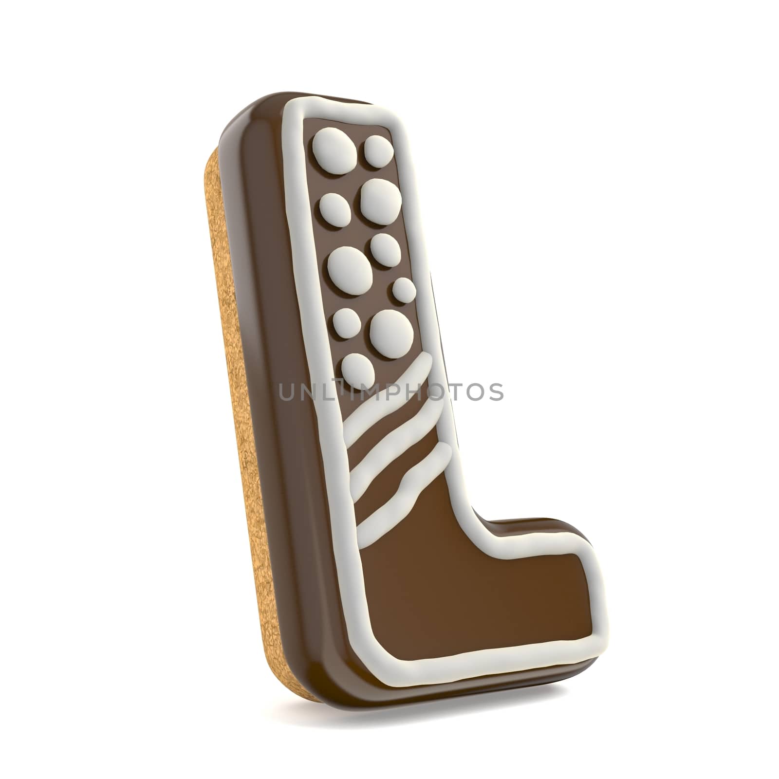 Letter L chocolate Christmas gingerbread font decorated with white lines and points. 3D render illustration isolated on white background