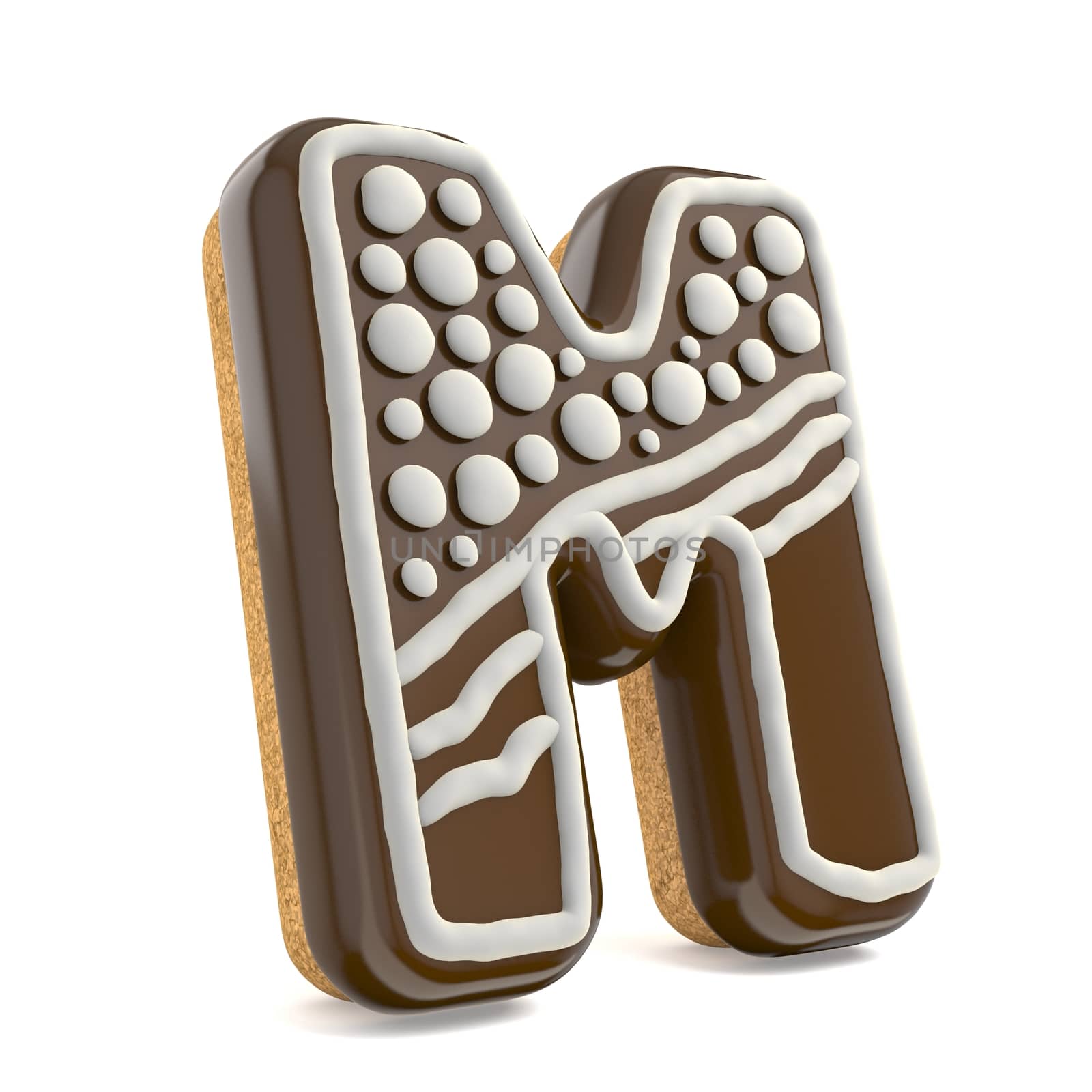 Letter M chocolate Christmas gingerbread font decorated with white lines and points. 3D render illustration isolated on white background