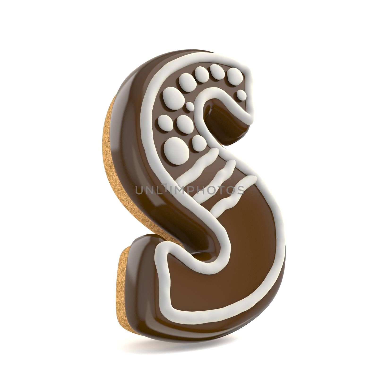 Letter S chocolate Christmas gingerbread font decorated with white lines and points. 3D render illustration isolated on white background