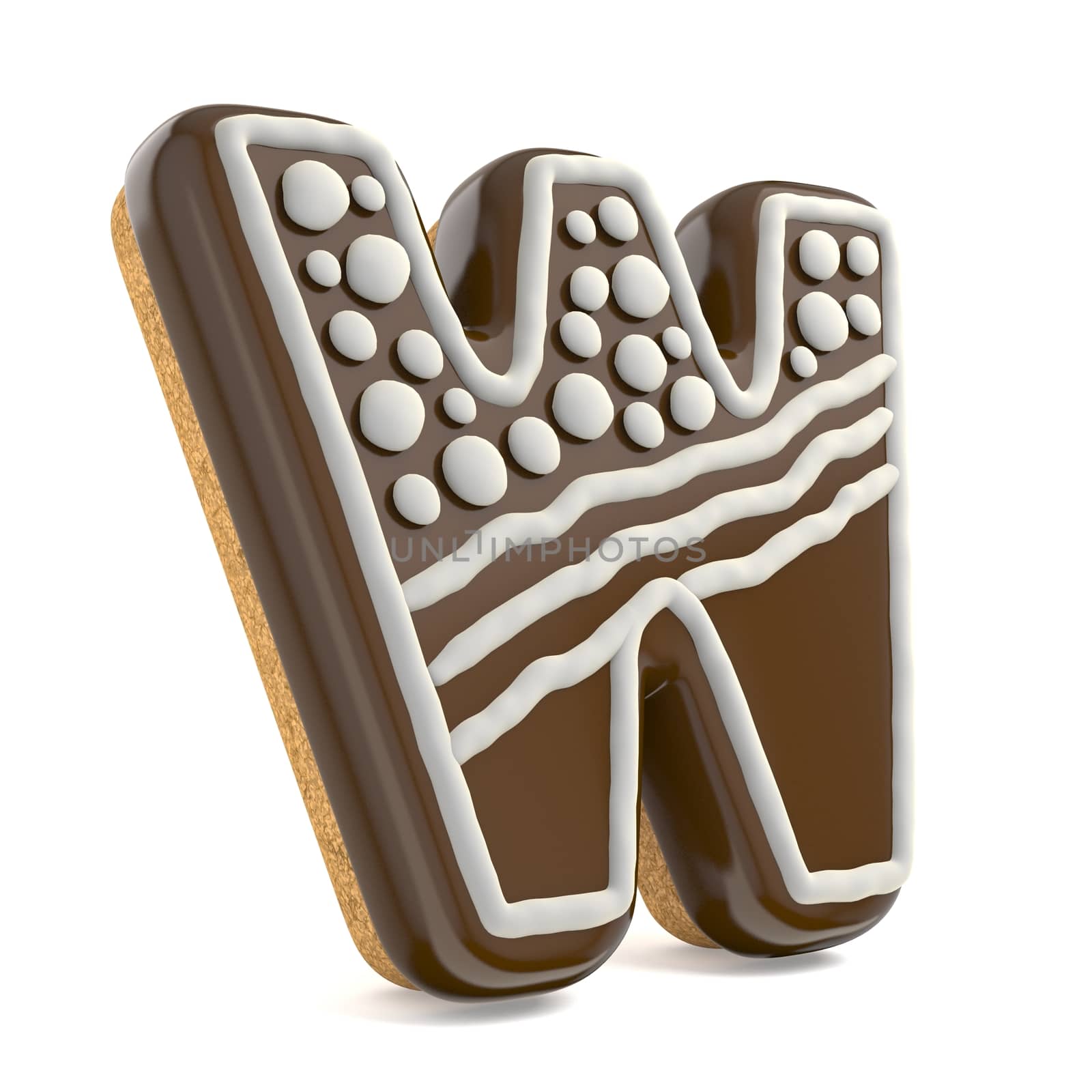 Letter W chocolate Christmas gingerbread font decorated with white lines and points. 3D render illustration isolated on white background
