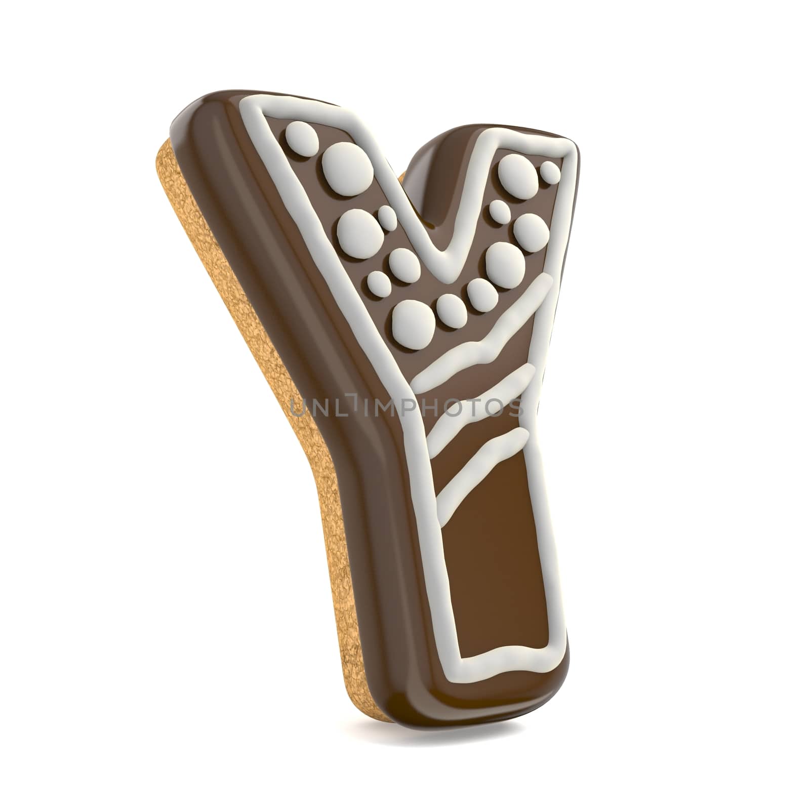 Letter Y chocolate Christmas gingerbread font decorated with white lines and points. 3D render illustration isolated on white background