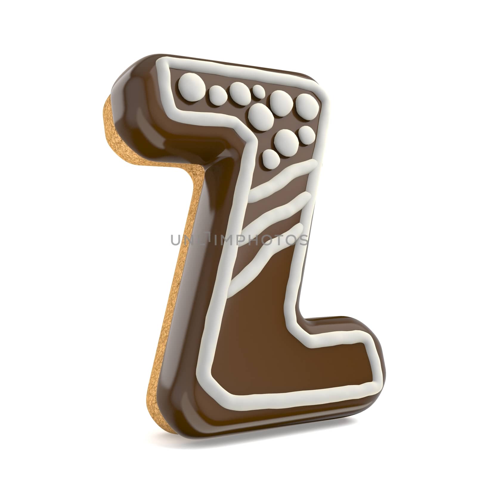 Letter Z chocolate Christmas gingerbread font decorated with white lines and points. 3D render illustration isolated on white background