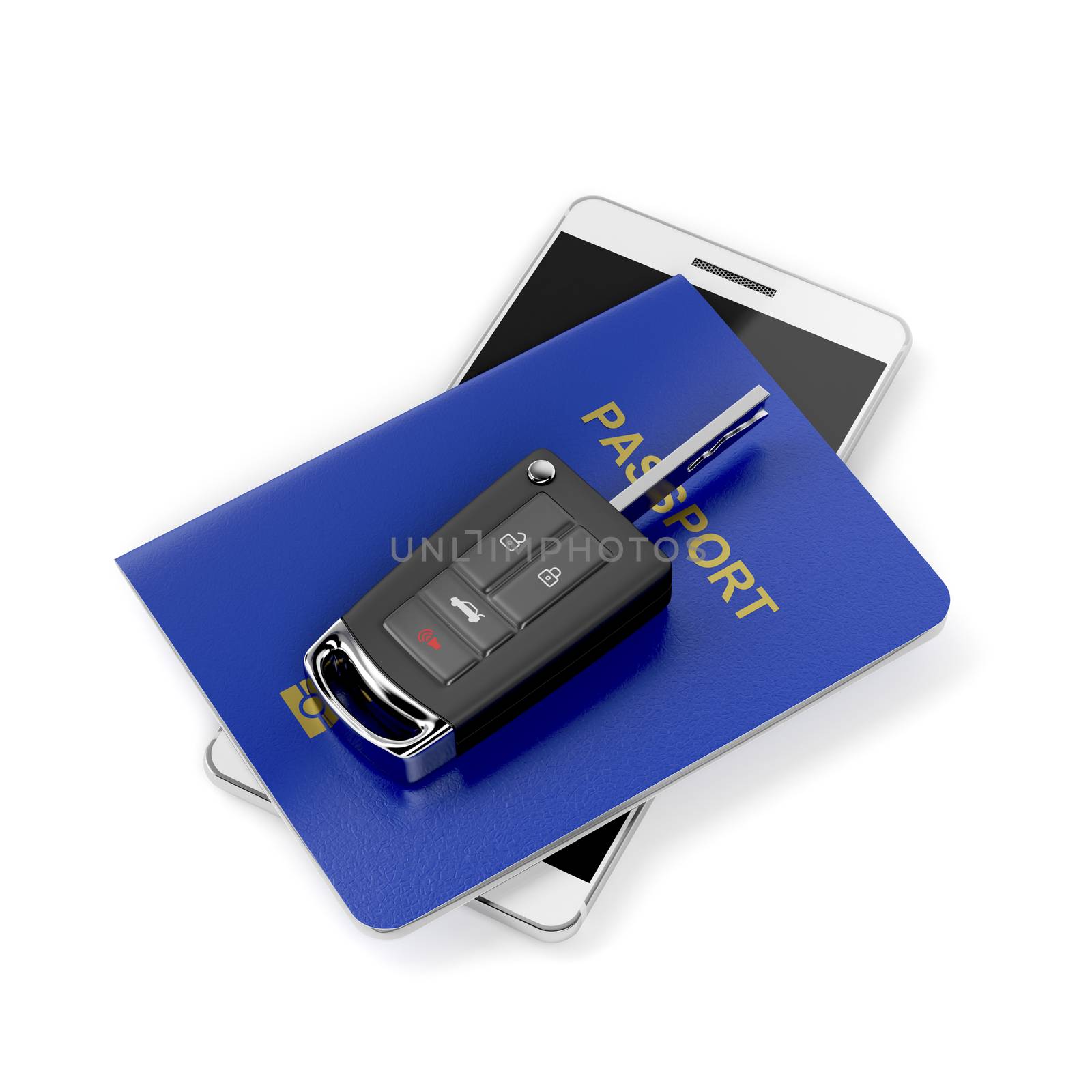 Car key, passport and smartphone on white background