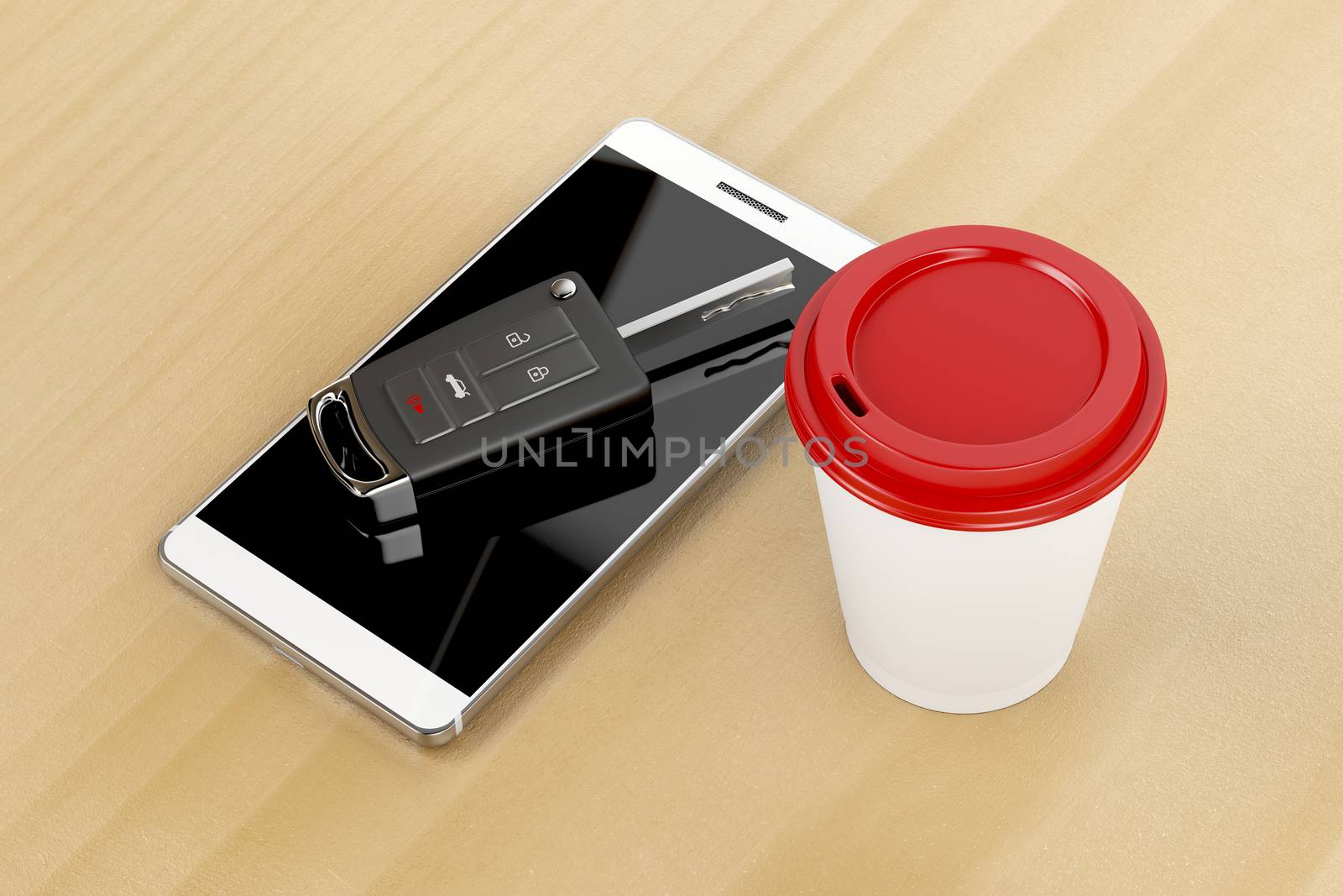 Smartphone, car key and coffee cup on wooden table 