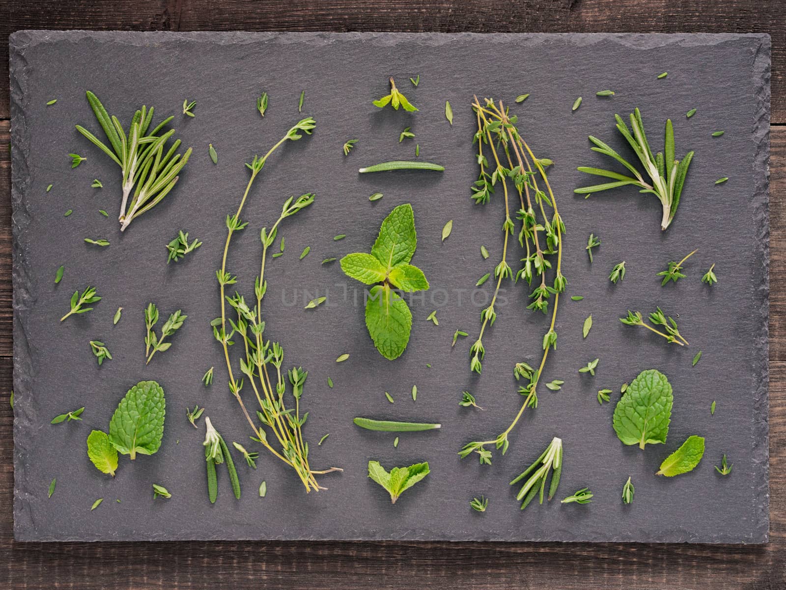 Fresh raw green herbs leaf - mint, rosemary, thyme - over gray stone background. Flat lay or top view