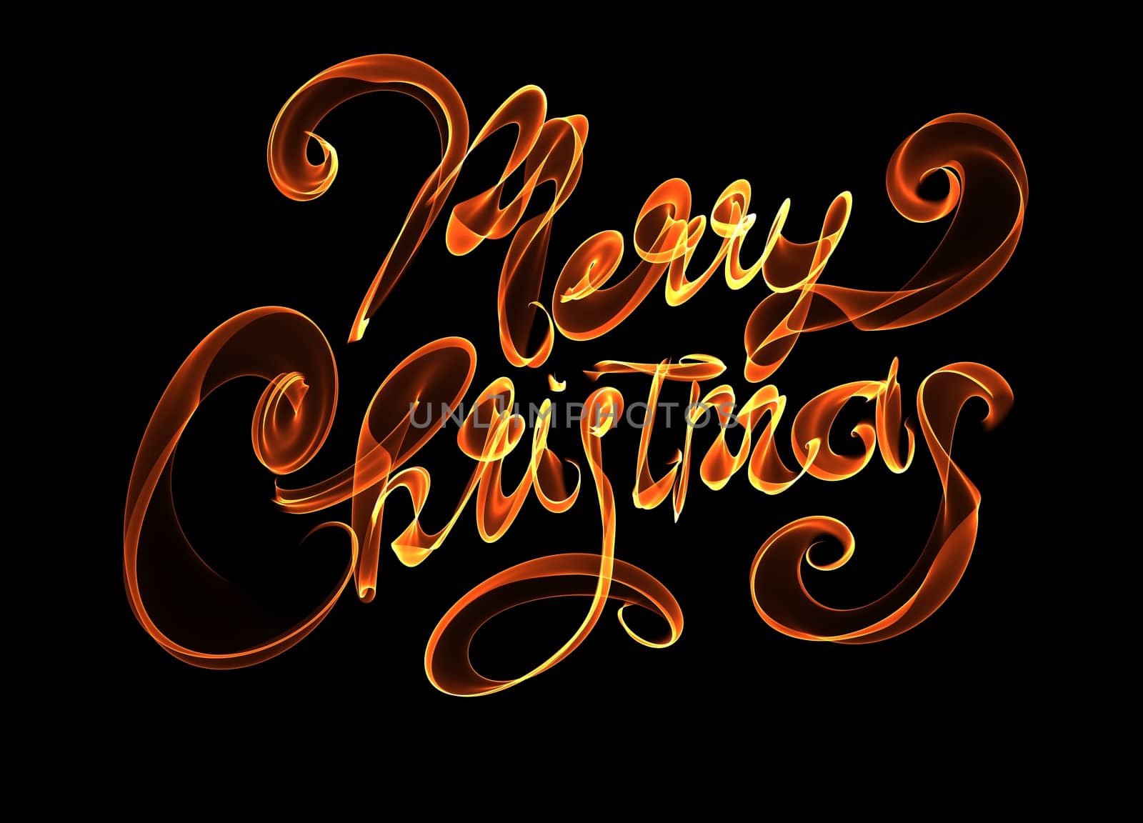 Merry Christmas isolated text lettering written with flame fire light on black background. Orange red color by skrotov