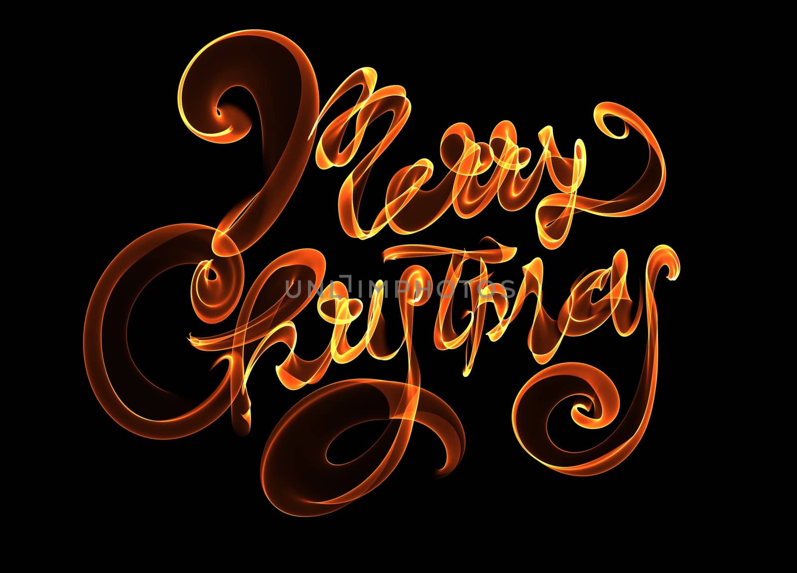 Merry Christmas isolated text lettering written with flame fire light on black background. Orange red color.