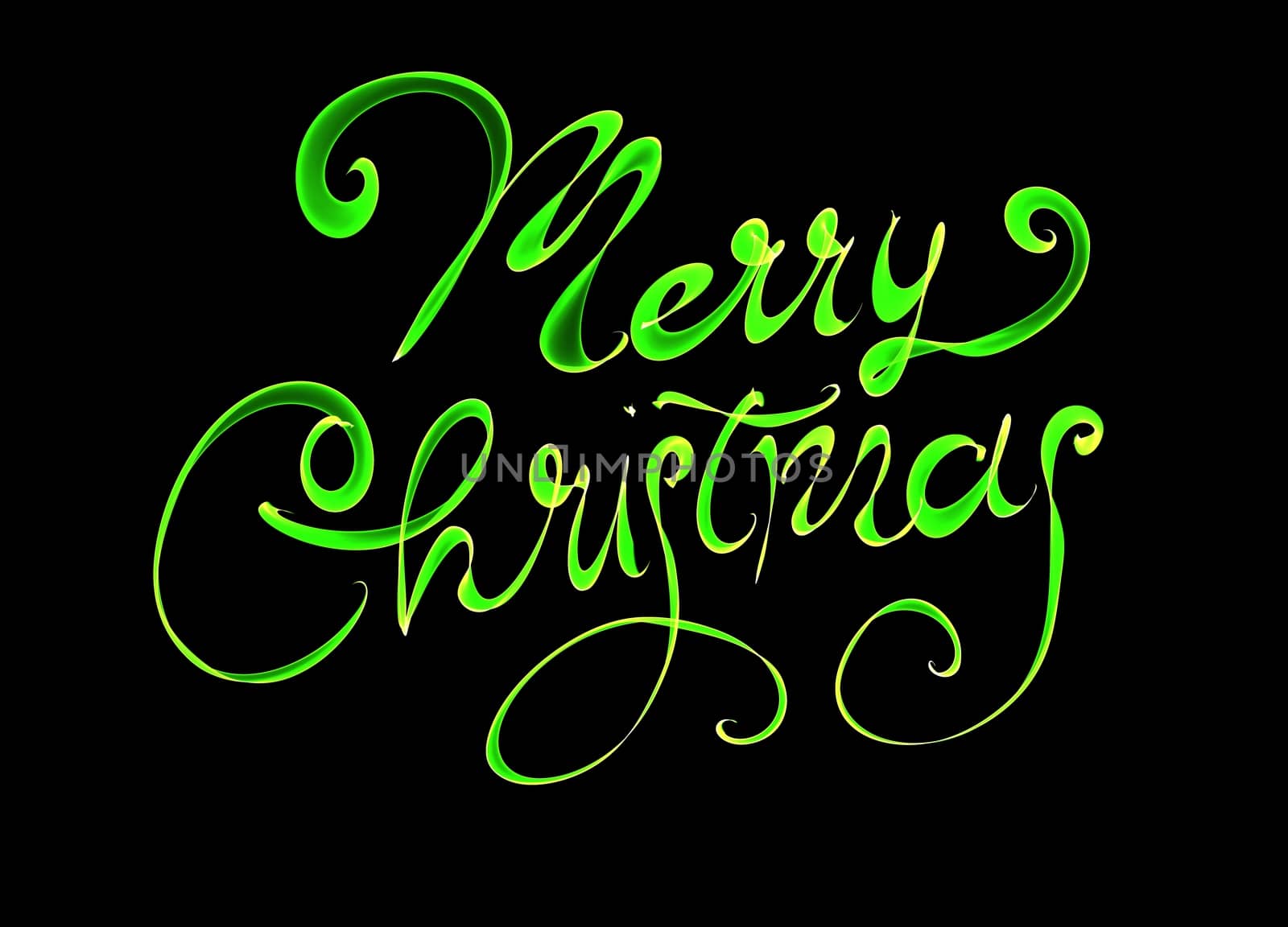 Merry Christmas isolated text written with flame fire light on black background. Green color.