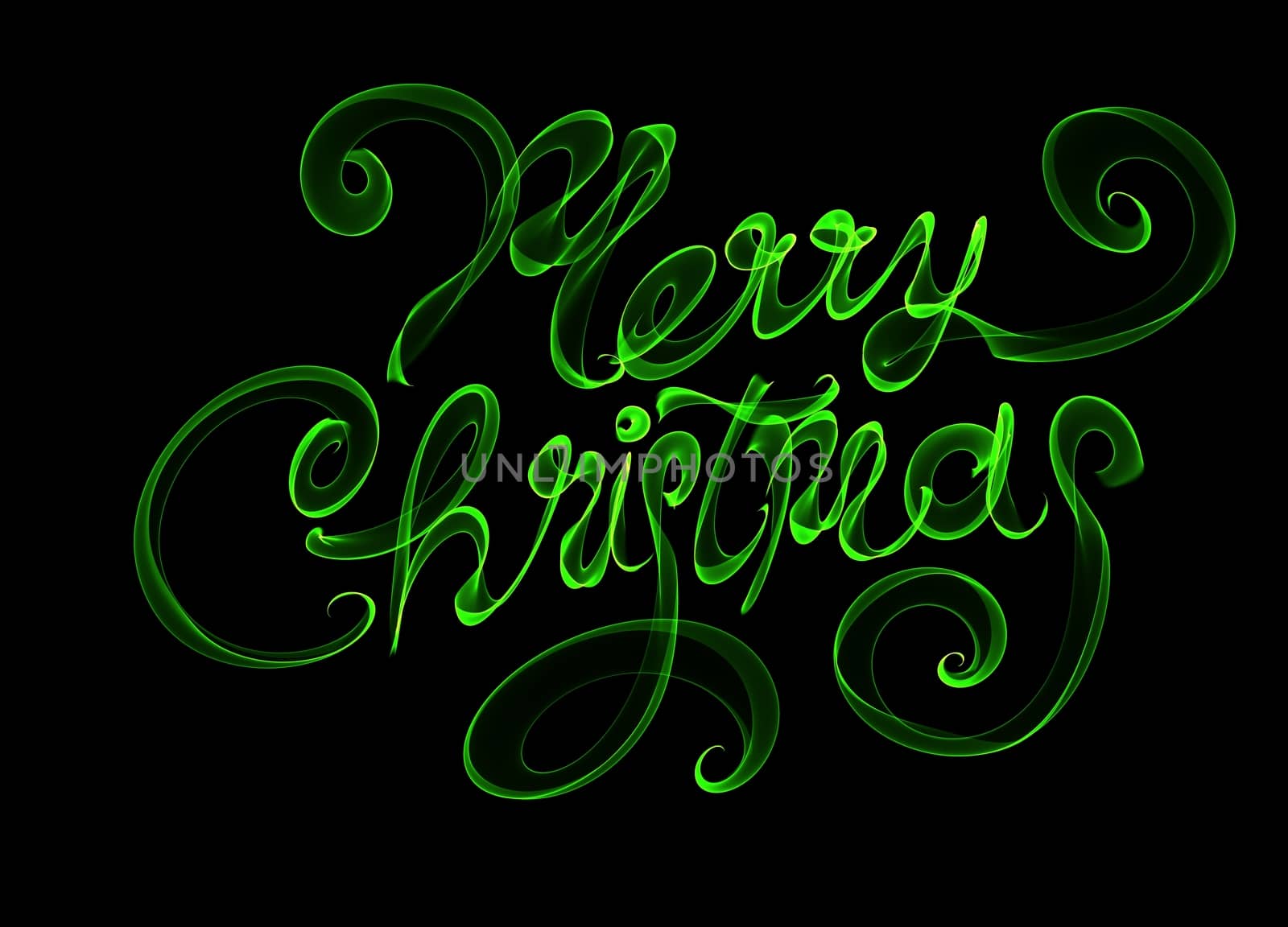 Merry Christmas isolated text written with flame fire light on black background. Green color by skrotov