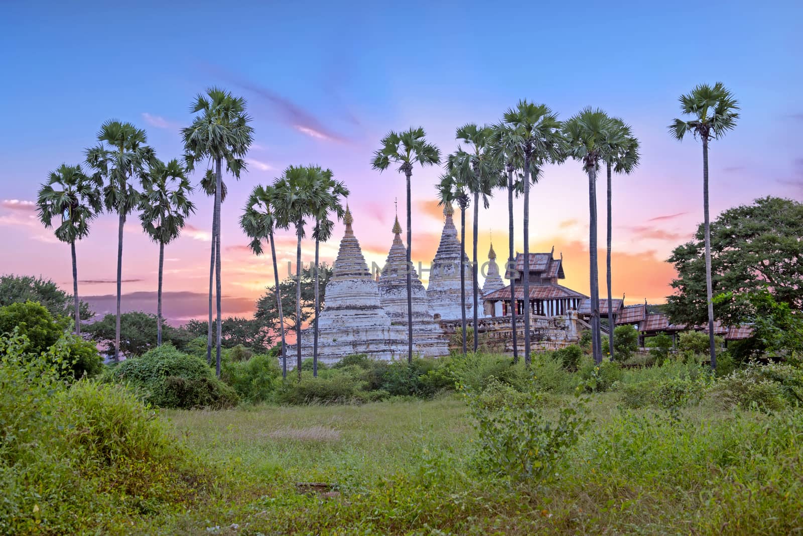 Ancient pagodas in the countryside from Bagan in Myanmar