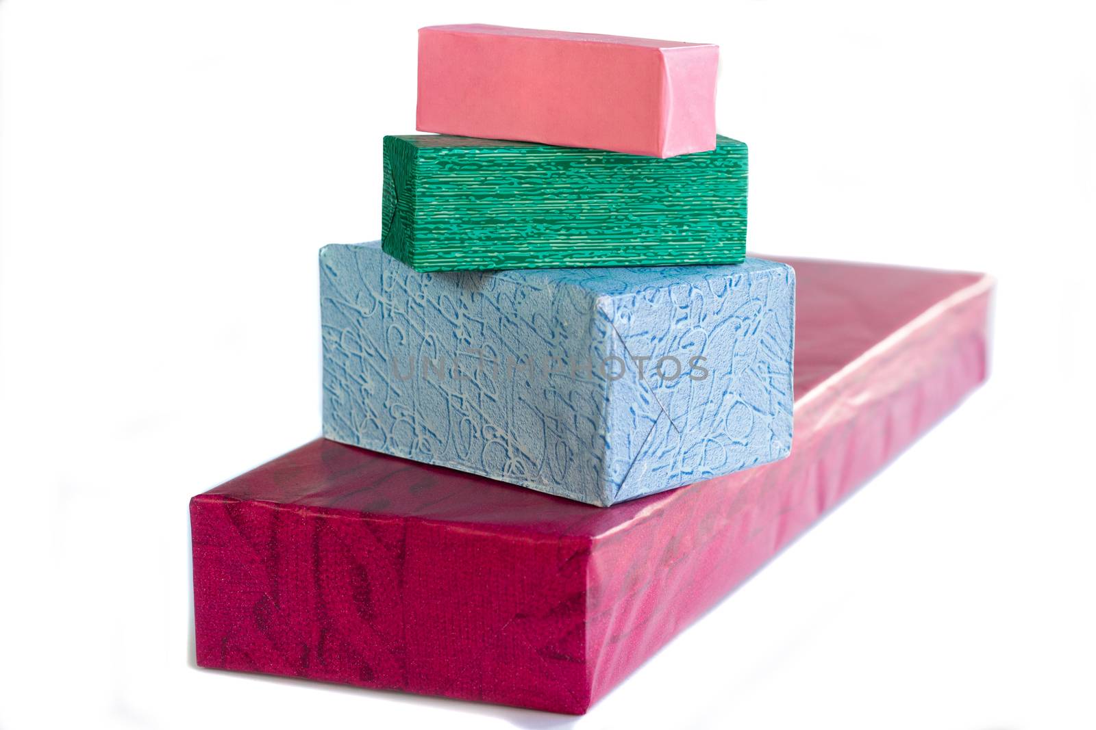 Colourful and bright shopping boxes for gifts and presents, red, pink, blue and green
