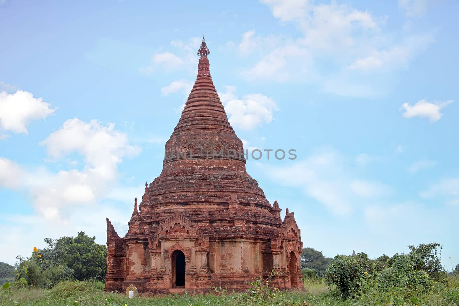 Ancient pagoda in the landscape from Bagan in Myanmar 