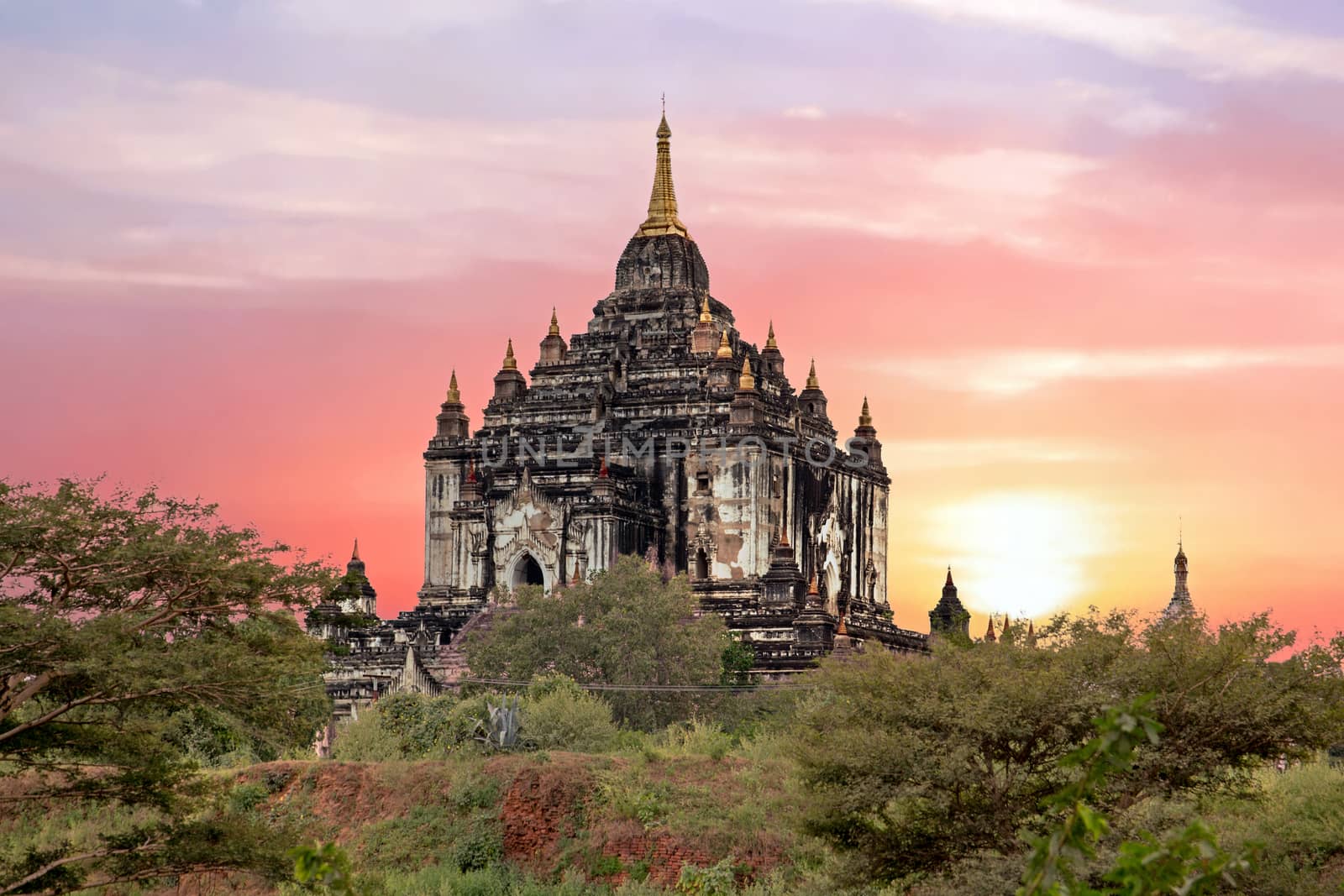 Shwe Sandaw Pagoda in Bagan at sunset in Myanmar